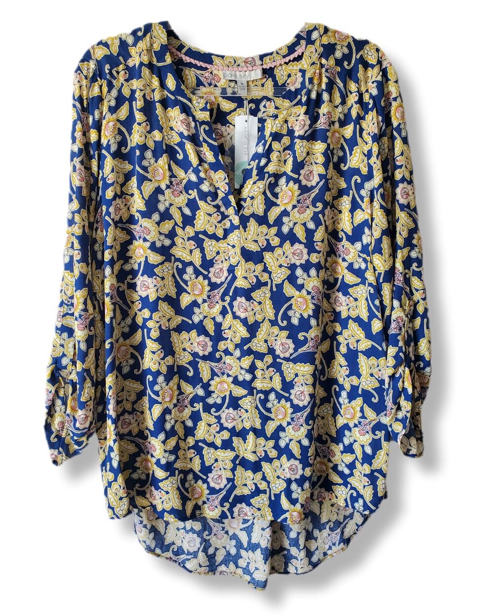 Women Pale Sky Blue Yellow Floral Blouse Top XL Boho Chic Classic Casual Relaxed